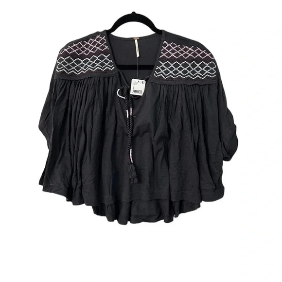 Free People Market Embroidered V-Neck Top Washed Black Size SM NWT - Picture 1 of 11